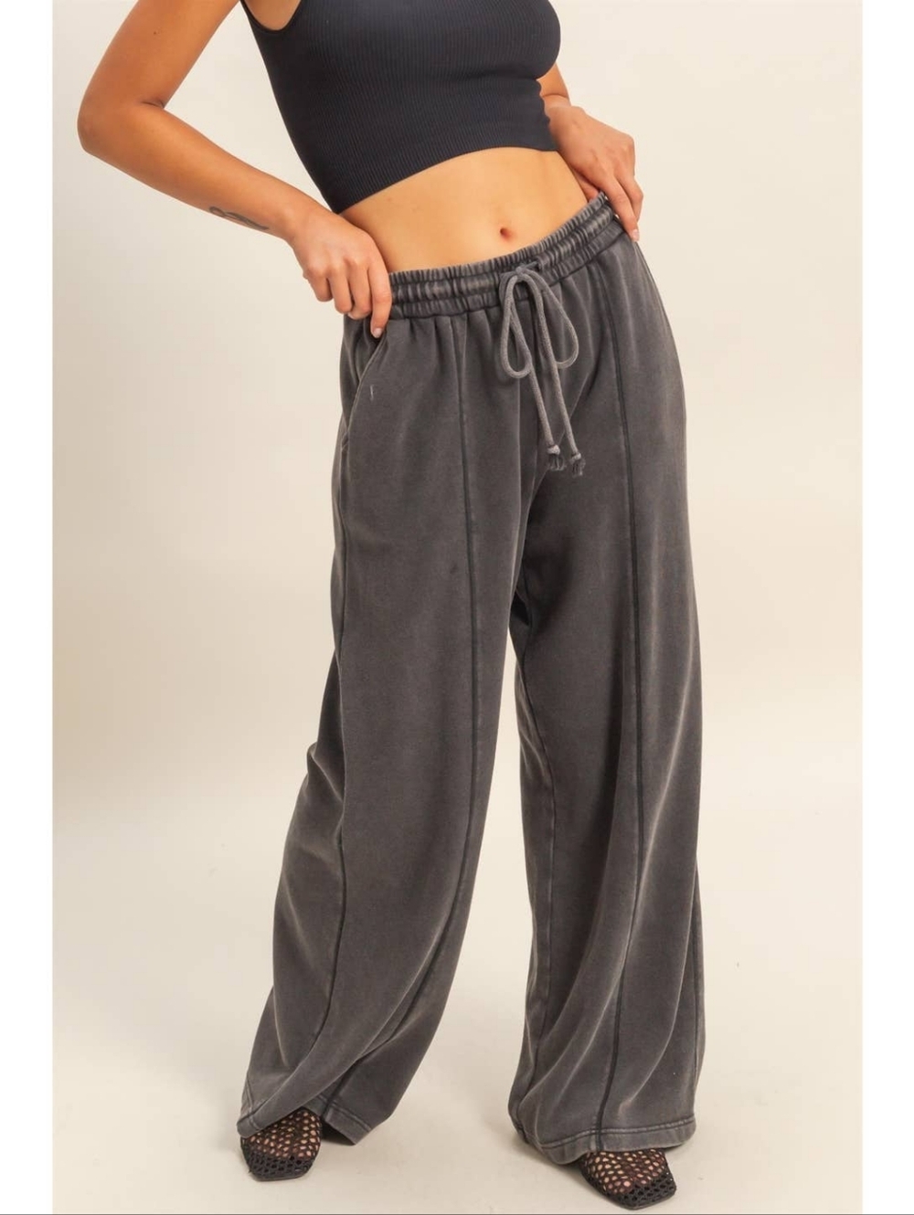 Double Zero Charcoal Black Cotton Blend French Terry Wide Leg Acid Wash Joggers - Picture 2 of 6